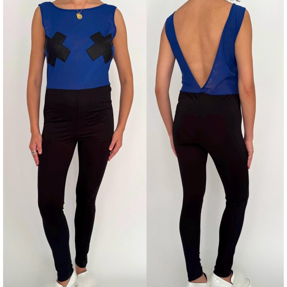 Vintage blue black festival party backless funky mesh pant catsuit jumpsuit